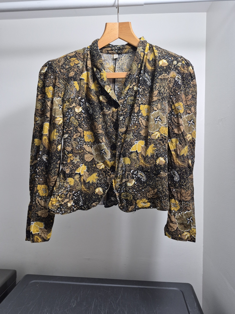 Vintage Black & Mustard Floral Button-Up Blouse